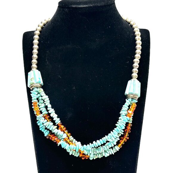 Vintage Navajo Four-Strand Turquoise and Amber Necklace w/Fluted Barrel Beads - Picture 9 of 14